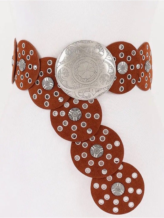 Accessories - Brown Faux Suede Disc Western Belt with Silver Concho